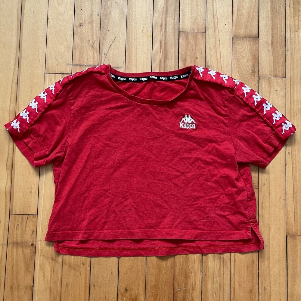 Kappa Red Cropped T-Shirt Logo Taping Sleeve Athletic Casual Women's